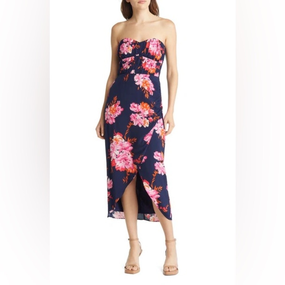 Charles Henry Floral Strapless Midi Dress